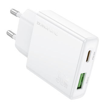 Borofone Ładowarka sieciowa BN25 Wish (Ultra Thin) - USB + Typ C - PD QC 3.0 30W biała