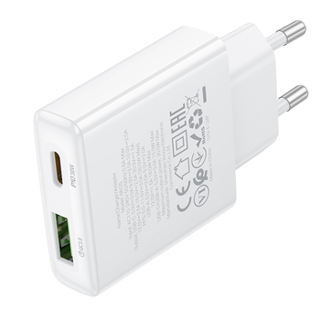 Borofone Ładowarka sieciowa BN25 Wish (Ultra Thin) - USB + Typ C - PD QC 3.0 30W biała