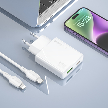Borofone Ładowarka sieciowa BN25 Wish (Ultra Thin) - USB + Typ C - PD QC 3.0 30W biała