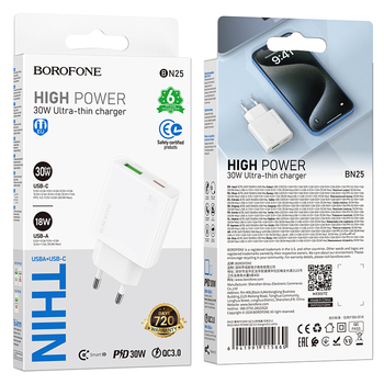 Borofone Ładowarka sieciowa BN25 Wish (Ultra Thin) - USB + Typ C - PD QC 3.0 30W biała