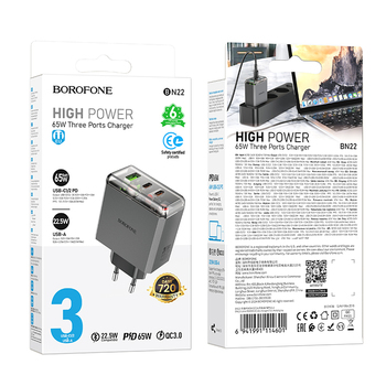 Borofone Wall charger BN22 Lena GaN - 2xType C + USB - QC 3.0 PD 65W grey