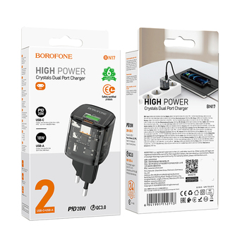 Borofone Wall charger BN17 Sunlight - USB + Type C -  QC 3.0 PD 20W 3A black