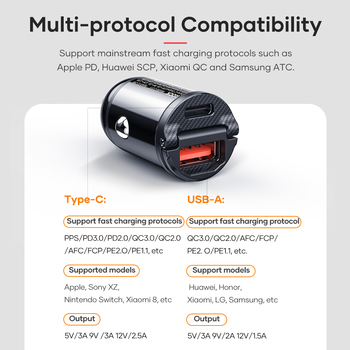 Rock Car charger H18 Mini  - USB + Type C - 30W 3A black