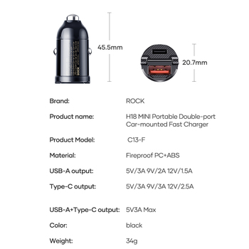 Rock Car charger H18 Mini  - USB + Type C - 30W 3A black