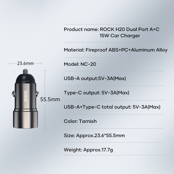 Rock Car charger H20  - USB + Type C - 15W 3A dark grey