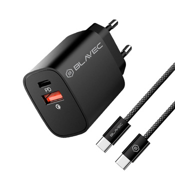 Blavec Ładowarka sieciowa BC-2 - USB + Typ C - QC 3.0 PD 20W z kablem Typ C na Typ C (TCBC2-UCB20+CC) czarna