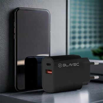 Blavec Ładowarka sieciowa BC-2 - USB + Typ C - QC 3.0 PD 20W z kablem Typ C na Typ C (TCBC2-UCB20+CC) czarna