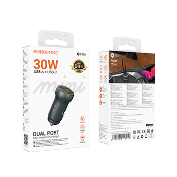 Borofone Car charger BZ32A Fresh - USB + Type C - QC 3.0 PD 30W grey
