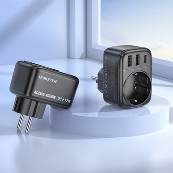 Borofone Wall charger BAC14 Wide - 2xUSB + Type C + outlet - 12W black