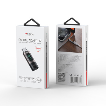 Yesido Adapter OTG GS24 - Typ C (męski) na Typ C (żeński) - z wyświetlaczem LCD czarny