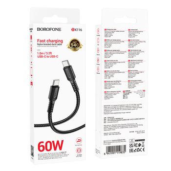 Borofone Kabel BX116 Certain - Typ C na Typ C - PD 60W 3A 1 metr czarny