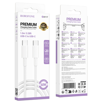 Borofone Kabel BX117 Source - Typ C na Typ C - PD 60W 3A 1 metr biały