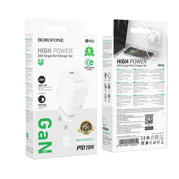 Borofone Wall charger BN26 Fuente - Type C - PD 20W with Type C to Type C cable white
