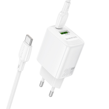 Borofone Ładowarka sieciowa BN27 Fuente - USB + Typ C - QC 3.0 PD 20W z kablem Typ C na Typ C biała