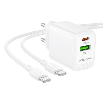 Borofone Ładowarka sieciowa BN27 Fuente - USB + Typ C - QC 3.0 PD 20W z kablem Typ C na Typ C biała