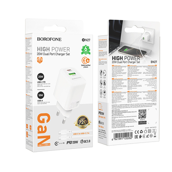 Borofone Ładowarka sieciowa BN27 Fuente - USB + Typ C - QC 3.0 PD 20W z kablem Typ C na Typ C biała