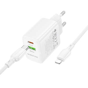 Borofone Ładowarka sieciowa BN27 Fuente - USB + Typ C - QC 3.0 PD 20W z kablem Typ C na Lightning biała