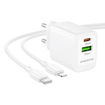 Borofone Ładowarka sieciowa BN27 Fuente - USB + Typ C - QC 3.0 PD 20W z kablem Typ C na Lightning biała