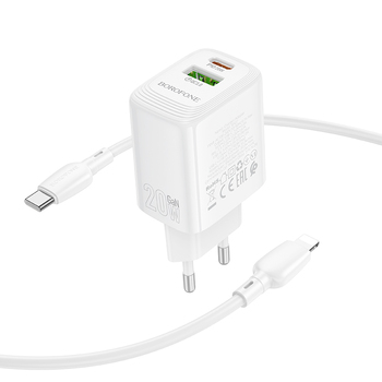 Borofone Ładowarka sieciowa BN27 Fuente - USB + Typ C - QC 3.0 PD 20W z kablem Typ C na Lightning biała