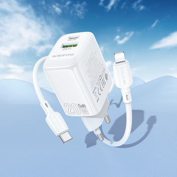 Borofone Ładowarka sieciowa BN27 Fuente - USB + Typ C - QC 3.0 PD 20W z kablem Typ C na Lightning biała