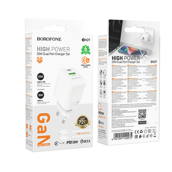Borofone Ładowarka sieciowa BN27 Fuente - USB + Typ C - QC 3.0 PD 20W z kablem Typ C na Lightning biała