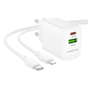 Borofone Ładowarka sieciowa BN29 Fuente - USB + Typ C - QC 3.0 PD 30W z kablem Typ C na Lightning biała