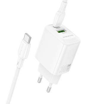 Borofone Ładowarka sieciowa BN29 Fuente - USB + Typ C - QC 3.0 PD 30W z kablem Typ C na Typ C biała