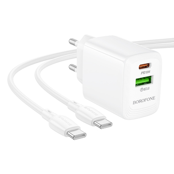 Borofone Ładowarka sieciowa BN29 Fuente - USB + Typ C - QC 3.0 PD 30W z kablem Typ C na Typ C biała