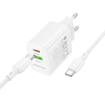 Borofone Ładowarka sieciowa BN29 Fuente - USB + Typ C - QC 3.0 PD 30W z kablem Typ C na Typ C biała