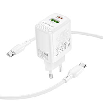 Borofone Ładowarka sieciowa BN29 Fuente - USB + Typ C - QC 3.0 PD 30W z kablem Typ C na Typ C biała