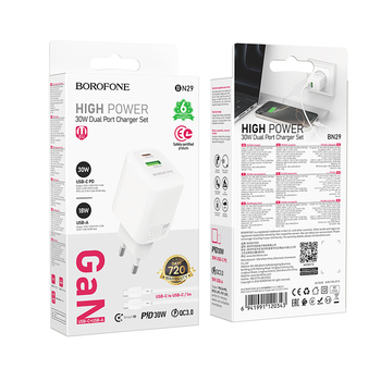 Borofone Ładowarka sieciowa BN29 Fuente - USB + Typ C - QC 3.0 PD 30W z kablem Typ C na Typ C biała