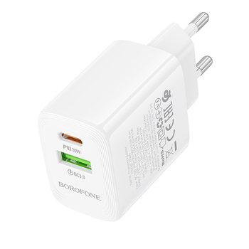 Borofone Ładowarka sieciowa BN29 Fuente - USB + Typ C - QC 3.0 PD 30W biała