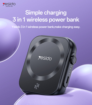 Yesido Power bank 5000mAh YP59 3 w 1 - Typ C - magnetyczny indukcyjny 15W czarny
