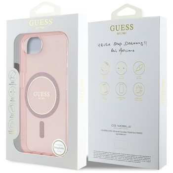 Oryginalne Etui GUESS IML Glitter Circle MagSafe do Iphone 17e/16e różowy