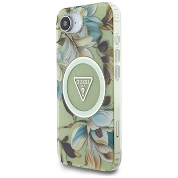 Oryginalne Etui GUESS IML Metal Glitter Flowers Triangle MagSafe do Iphone 17e/16e zielony