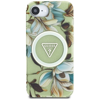 Oryginalne Etui GUESS IML Metal Glitter Flowers Triangle MagSafe do Iphone 17e/16e zielony