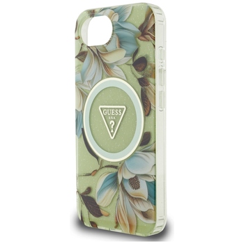 Oryginalne Etui GUESS IML Metal Glitter Flowers Triangle MagSafe do Iphone 17e/16e zielony
