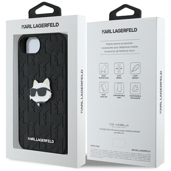 Oryginalne Etui KARL LAGERFELD Monogram Choupette Head Pin do Iphone 17e/16e czarny