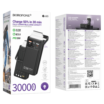 Borofone Power Bank 30000mAh BJ65 High - 2xUSB + Type C - QC 3.0 22,5W + PD 20W with USB, Type C, Lightning and micro USB black