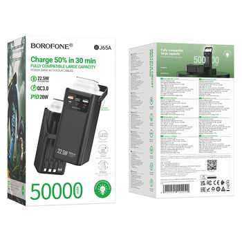 Borofone Power Bank 50000mAh BJ65A High - 2xUSB + Typ C - QC 3.0 22,5W + PD 20W z kablami USB, Typ C, Lightning i micro USB czarny