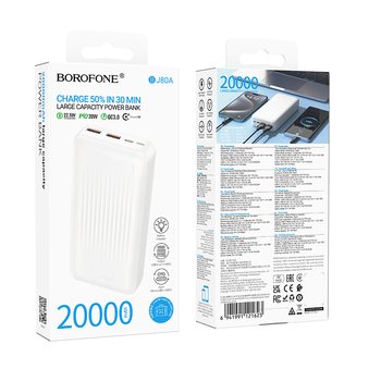 Borofone Power Bank 20000mAh BJ80A Clever - 2xUSB + Typ C - QC 3.0 22,5W + PD 20W biały