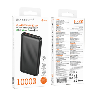 Borofone Power Bank 10000mAh BJ80 Clever - 2xUSB + Typ C - QC 3.0 22,5W PD 20W czarny