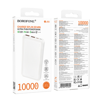 Borofone Power Bank 10000mAh BJ80 Clever - 2xUSB + Typ C - QC 3.0 22,5W PD 20W biały