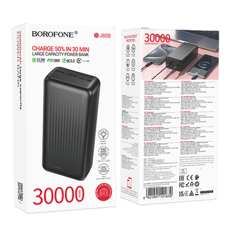 Borofone Power Bank 30000mAh BJ80B Clever - 2xUSB + Typ C - QC 3.0 22,5W PD 20W czarny