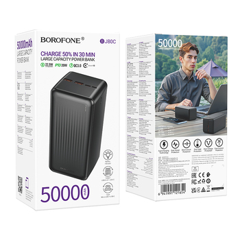 Borofone Power Bank 50000mAh BJ80C Clever - 2xUSB + Typ C - QC 3.0 22,5W PD 20W czarny