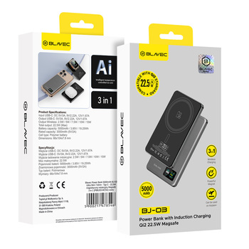 Blavec Power Bank 5000mAh BJ-03 Ultra Slim 7,8mm - Typ C - 22,5W magnetyczny indukcyjny Magsafe 3 w 1 (PBBJ03-MC5G) szary aluminium