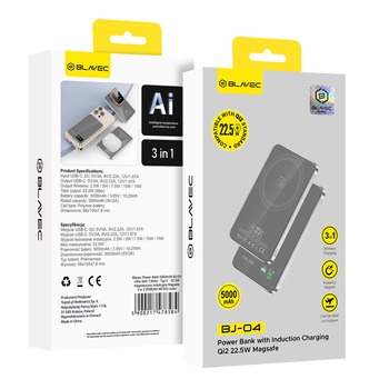 Blavec Power Bank 5000mAh BJ-04 Ultra Slim 7,8mm - Type C - 22,5W magnetic Magsafe 3 in 1 (PBBJ04-MC5G) grey glass