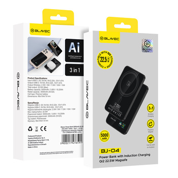 Blavec Power Bank 5000mAh BJ-04 Ultra Slim 7,8mm - Typ C - 22,5W magnetyczny indukcyjny Magsafe 3 w 1 (PBBJ04-MC5B) czarny szklany