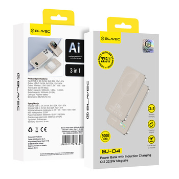 Blavec Power Bank 5000mAh BJ-04 Ultra Slim 7,8mm - Typ C - 22,5W magnetyczny indukcyjny Magsafe 3 w 1 (PBBJ04-MC5GD) złoty szklany