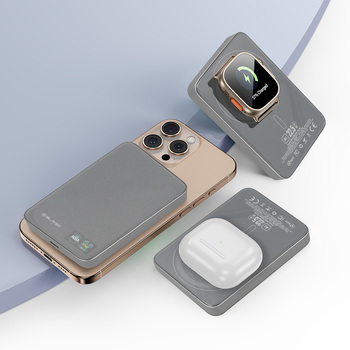 Blavec Power Bank 10000mAh BJ-04 Slim 13,5mm - Typ C - 22,5W magnetyczny indukcyjny Magsafe 3 w 1 (PBBJ04-MC10G) szary szklany